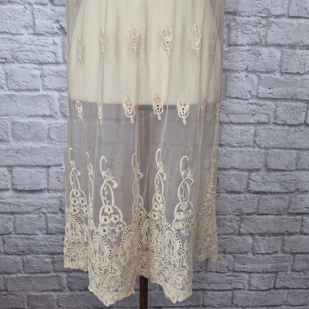 Rinascimento Beige Sheer Mesh Lace Embroidered Ruffle Mock Neck Midi Dress - Picture 5 of 10